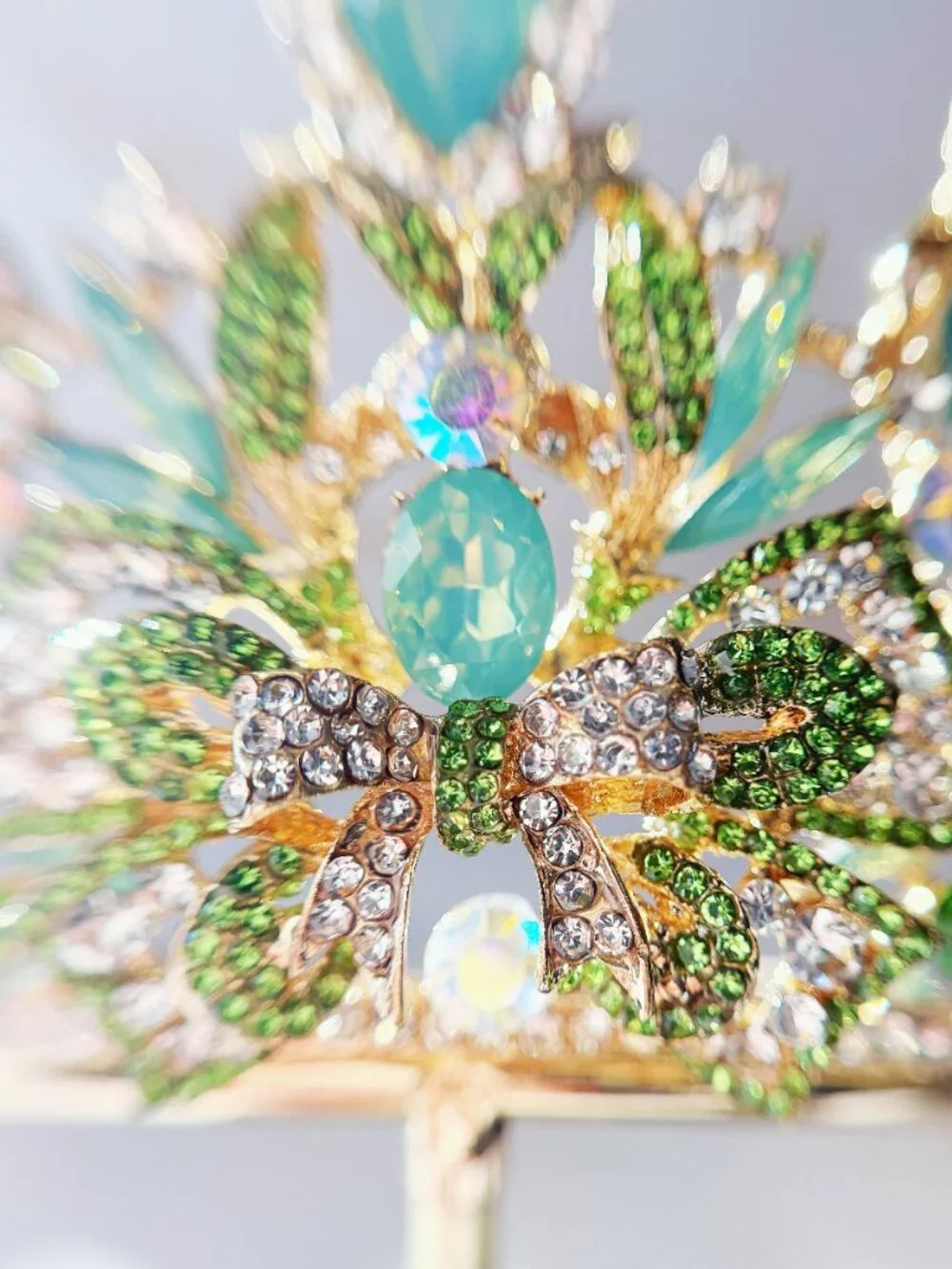 Green Peacock Crystal Tiara Gold Tone Rhinestone Crown Wedding Pageant Prom